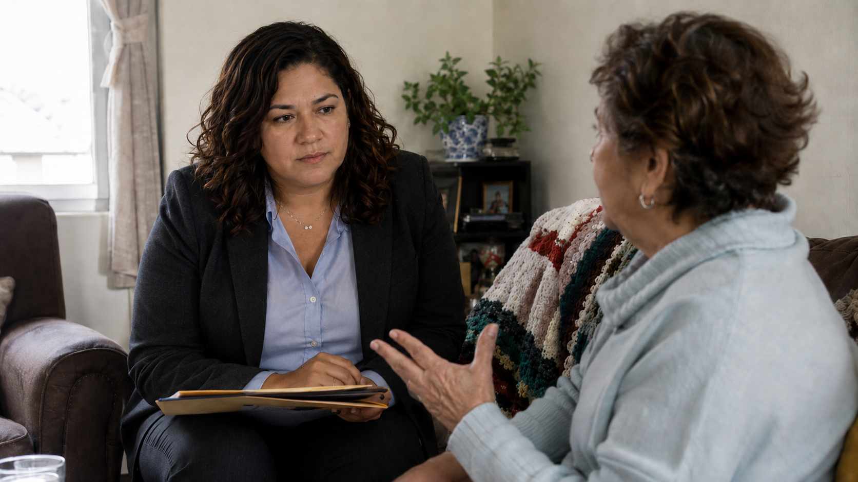 Plaintiff's attorney listening to an elderly client.